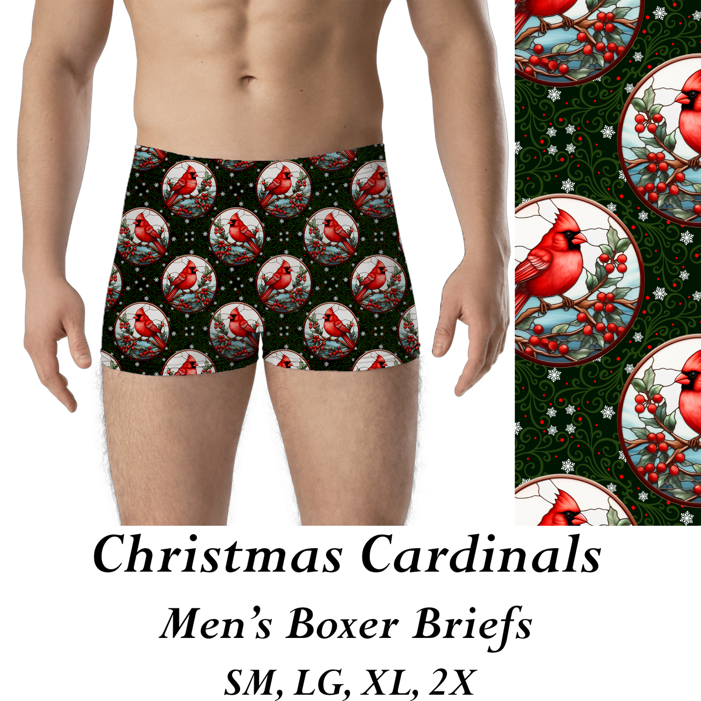 CHRISTMAS CARDINALS - MENS BOXER BRIEFS - PREORDER CLOSES 8/31