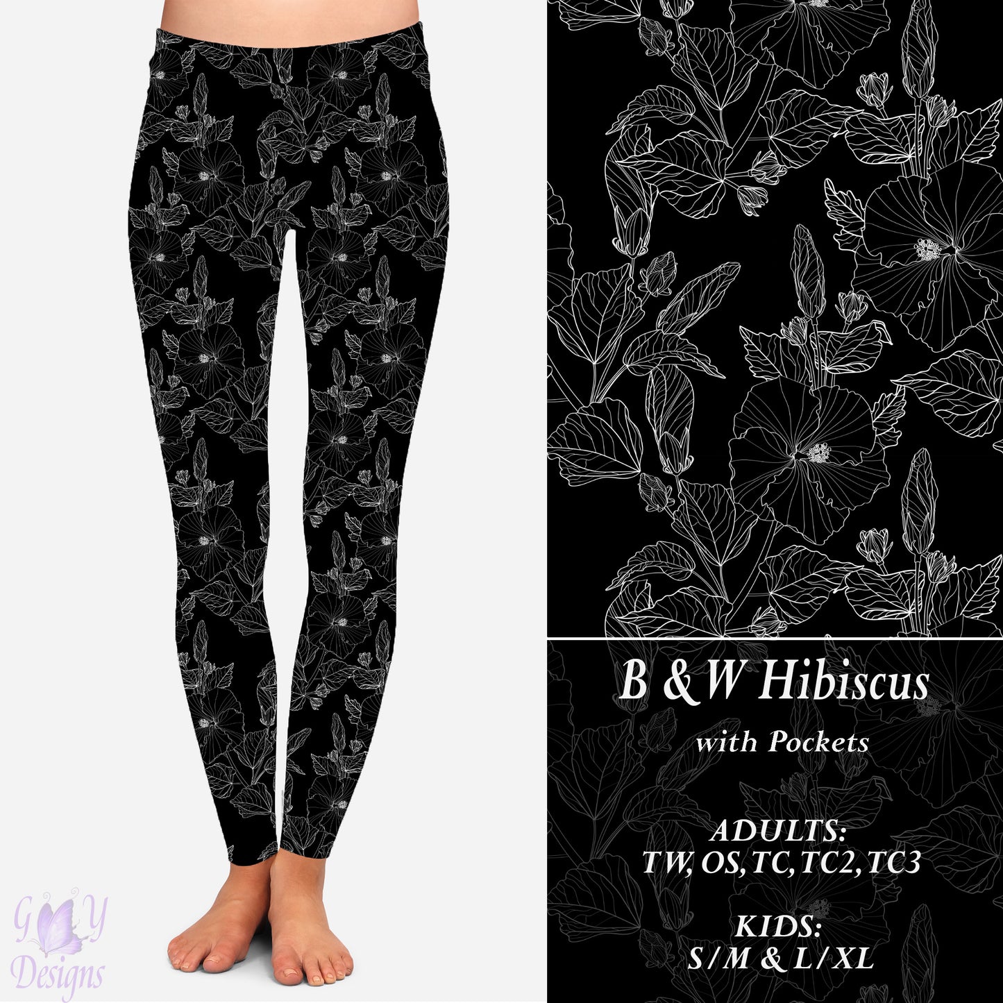 B&W Hibiscus Leggings with Pockets Preorder Closes 11/13 ETA 6-8 weeks