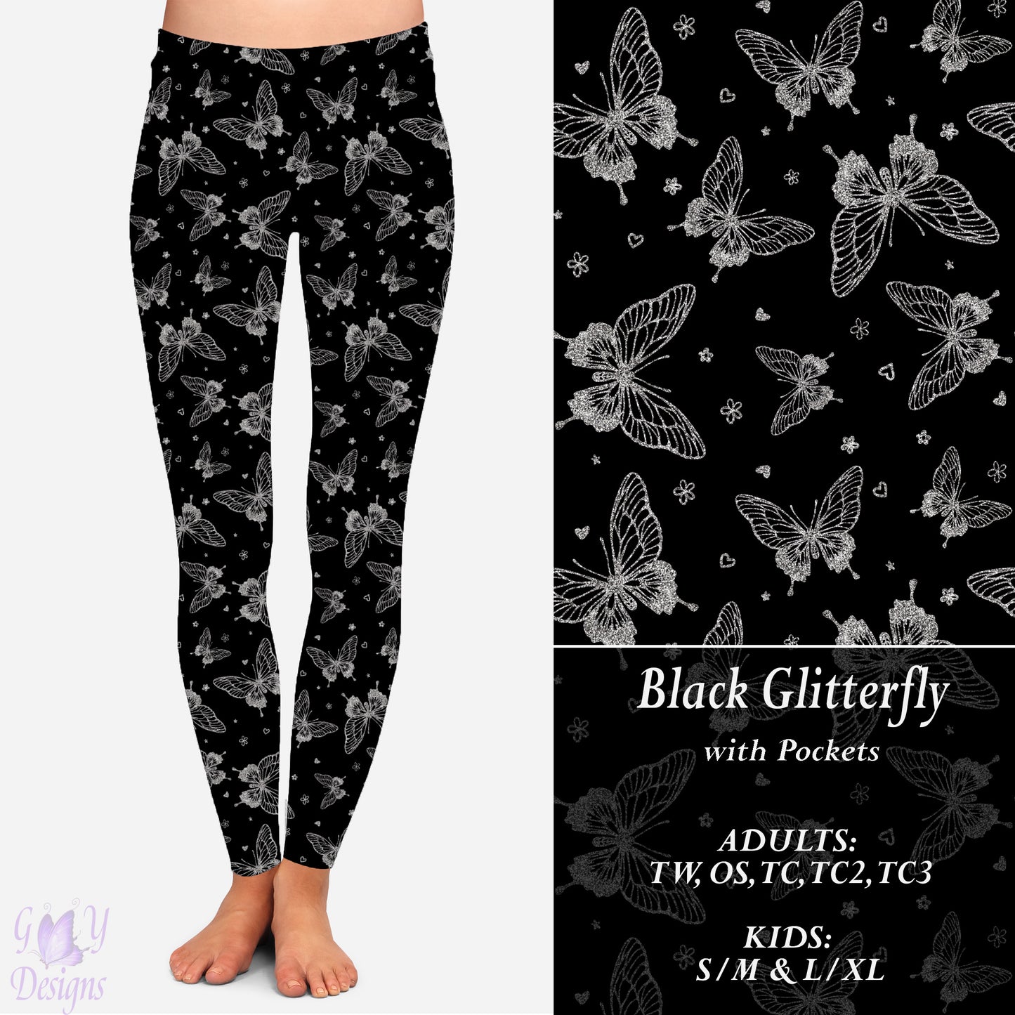 Black Glitterfly Leggings with Pockets Preorder Closes 11/13 ETA 6-8 weeks