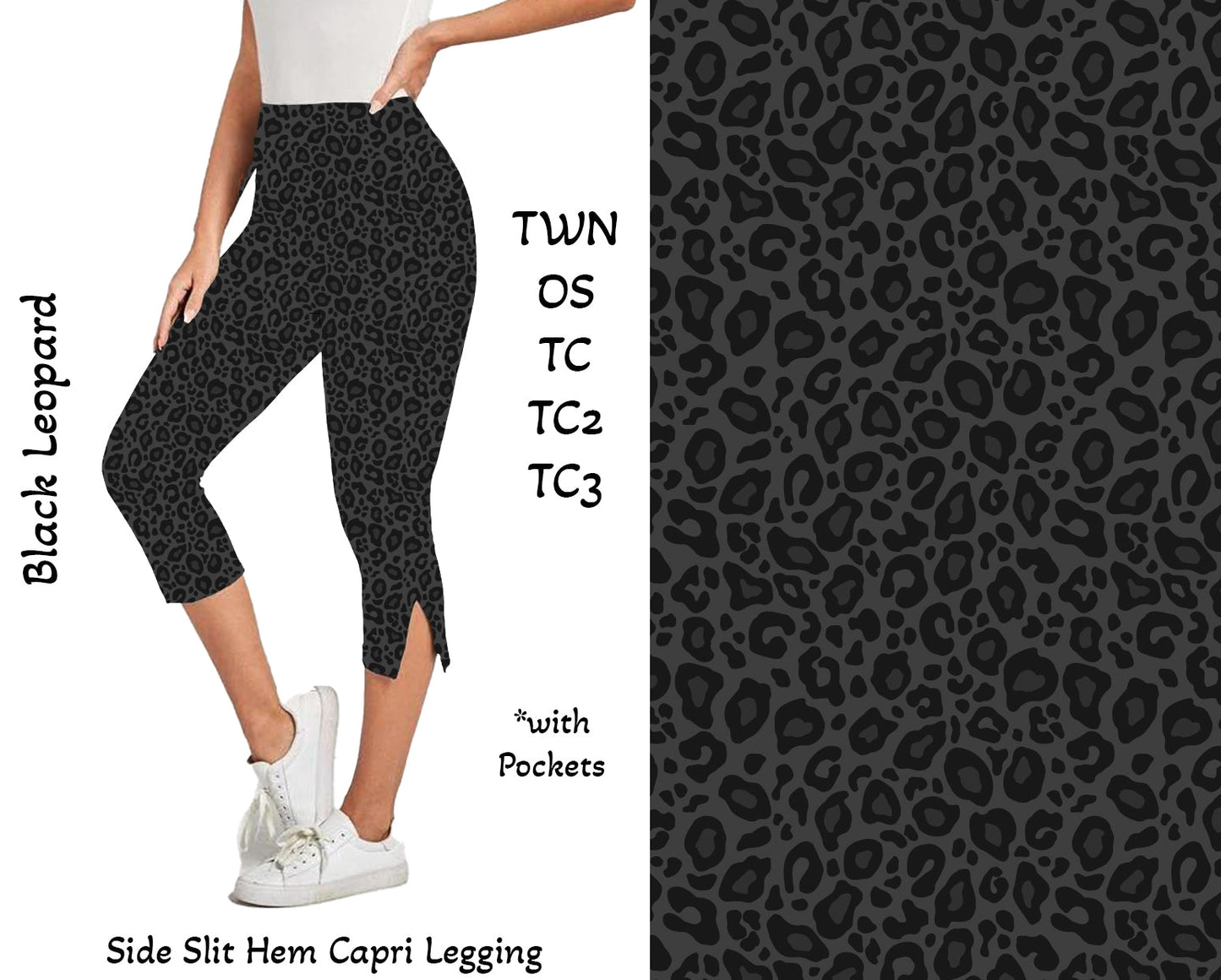 Black Leopard Side Slit Hem Capri Leggings with Pockets