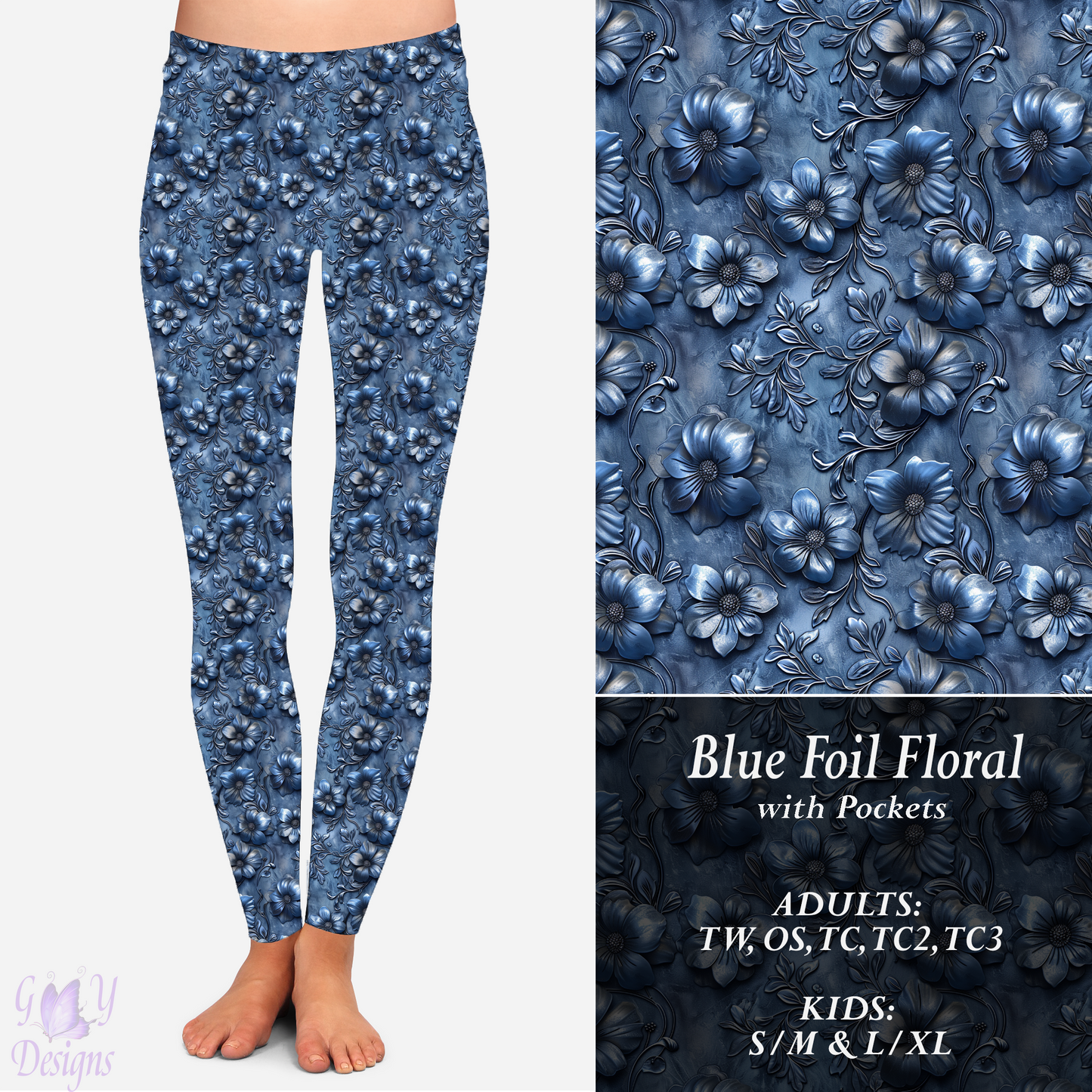 Blue Foil Floral Leggings with Pockets Preorder Closes 11/8 ETA 6-8 weeks