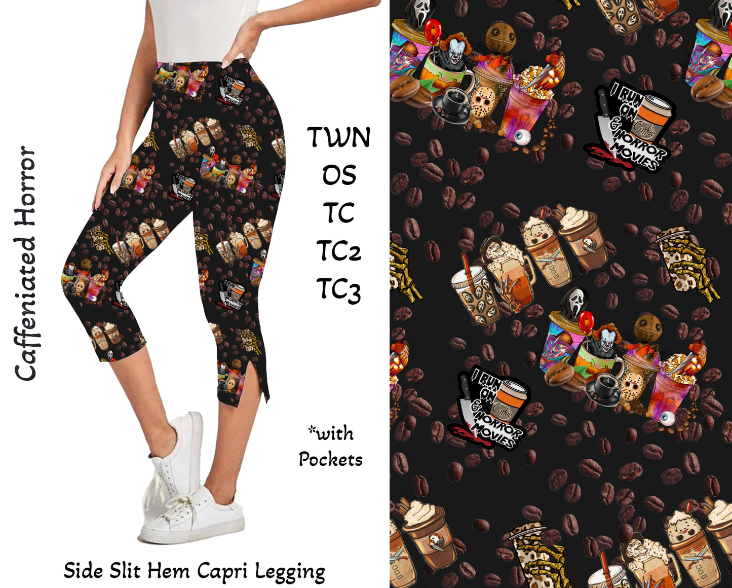 Caffeinated Horror - Side Slit Hem Capri Leggings with Pockets