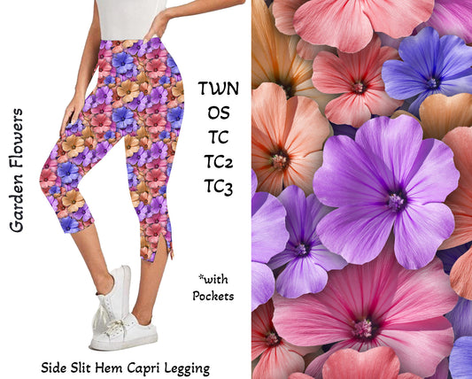 Garden Flowers Side Slit Hem Capri Leggings with Pockets