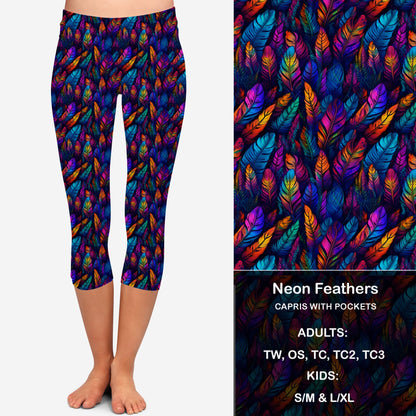 Neon Feathers Leggings & Capris with Pockets