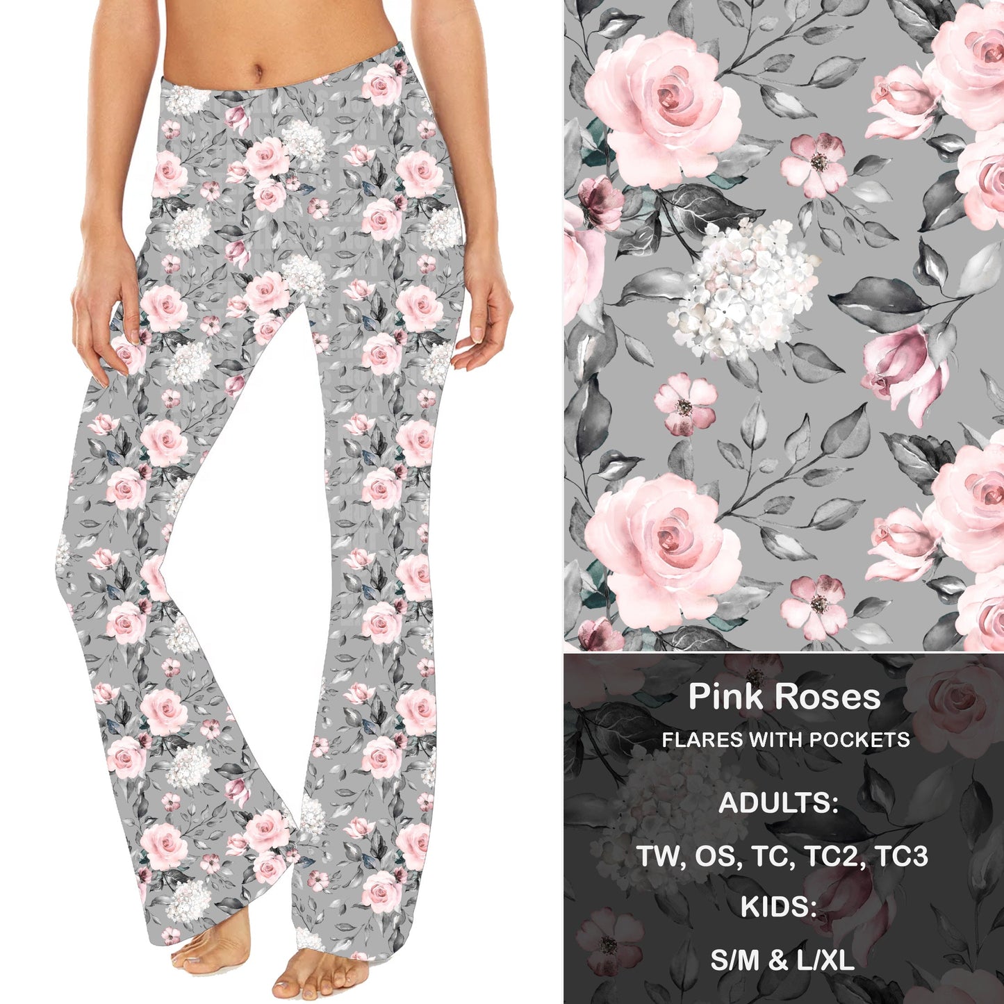 Pink Roses - Yoga Flares with Pockets