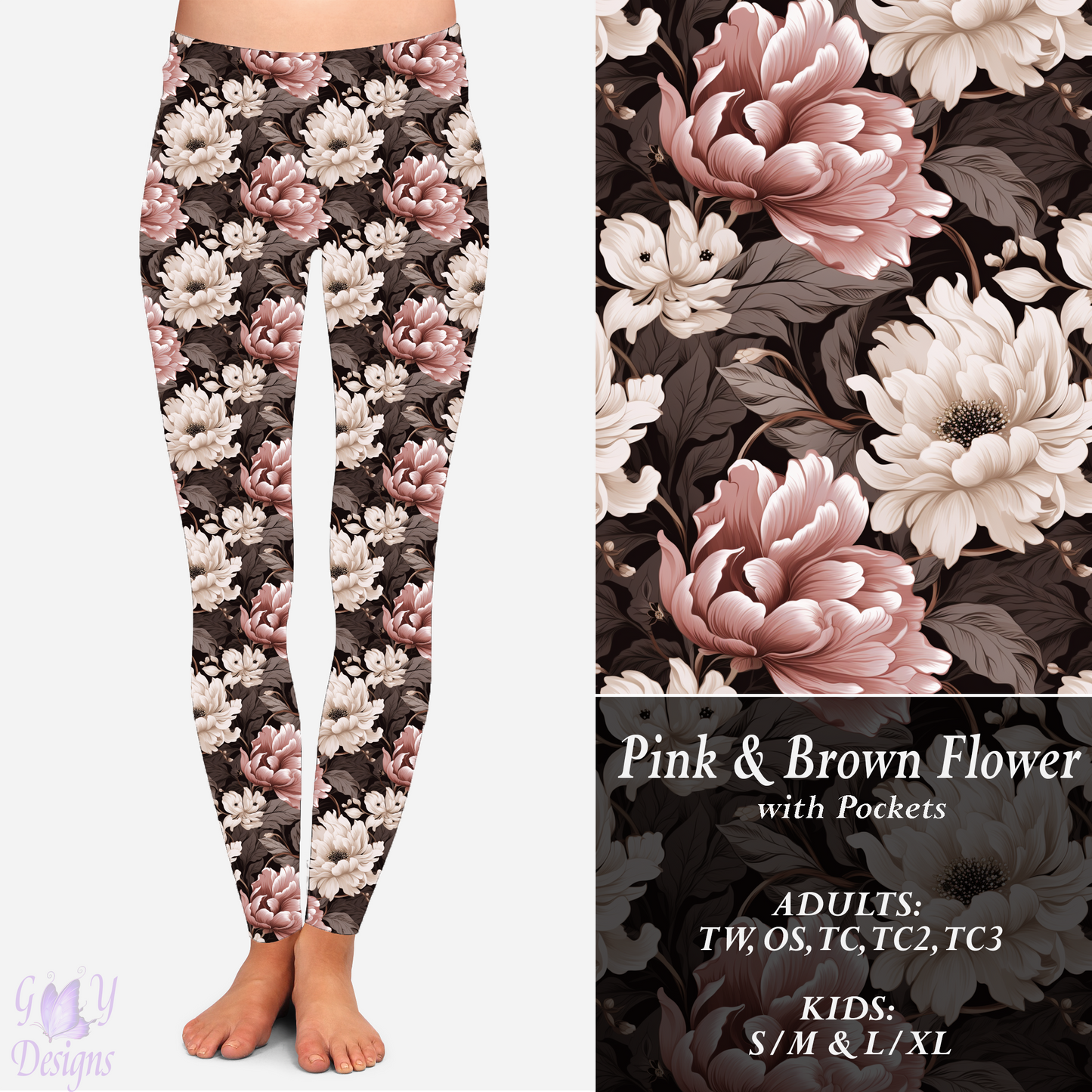 Pink & Brown Flower Leggings with Pockets Preorder Closes 11/8 ETA 6-8 weeks