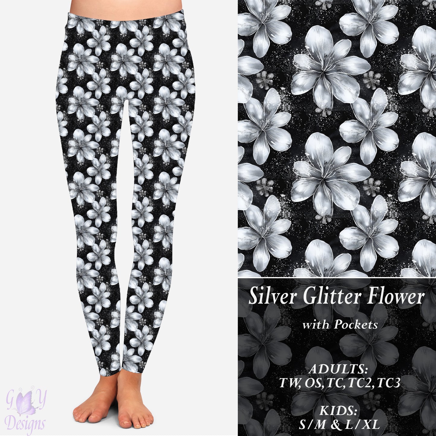 Silver Glitter Flower Leggings with Pockets Preorder Closes 11/13 ETA 6-8 weeks