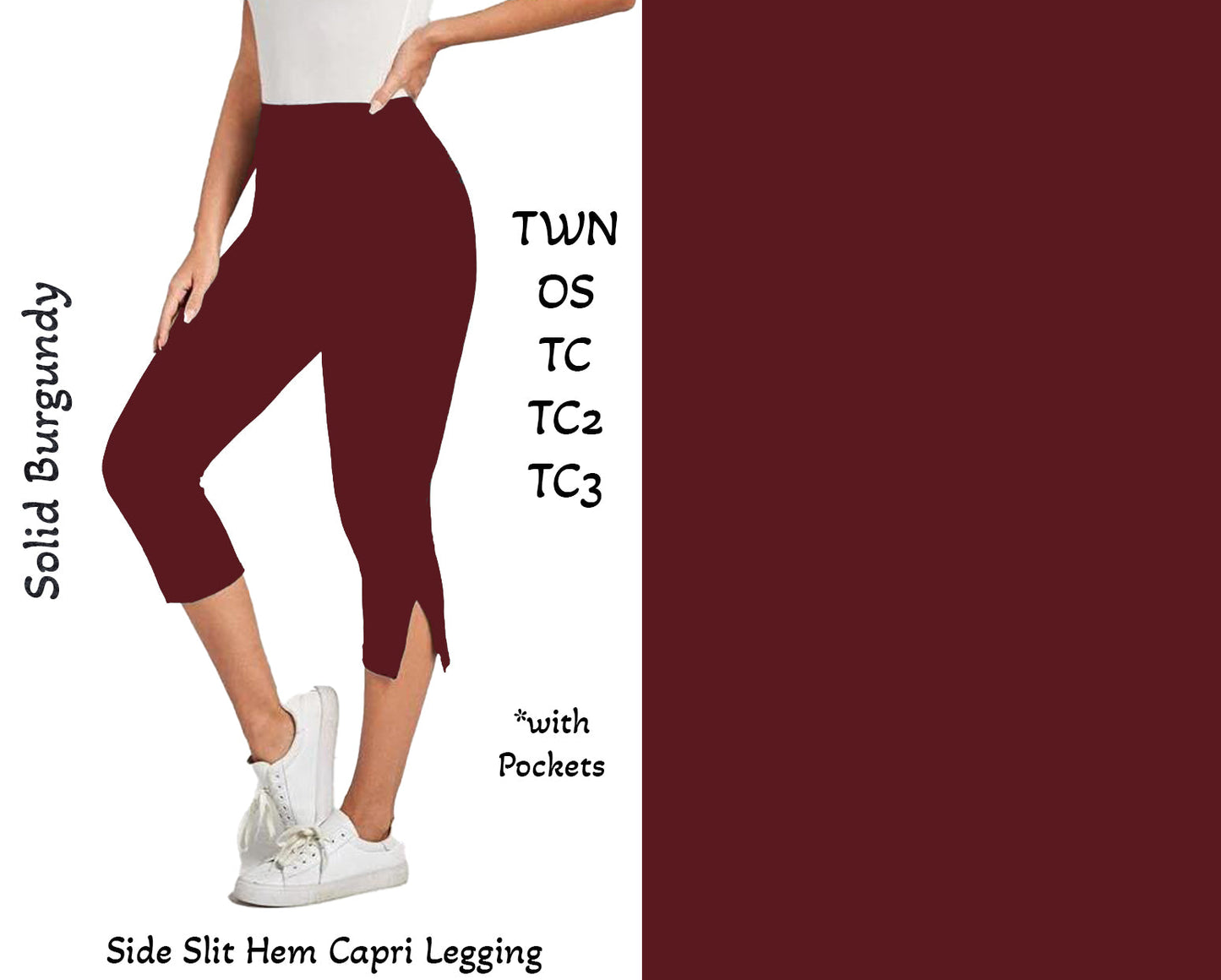 Solid Burgundy Side Slit Hem Capri Leggings with Pockets