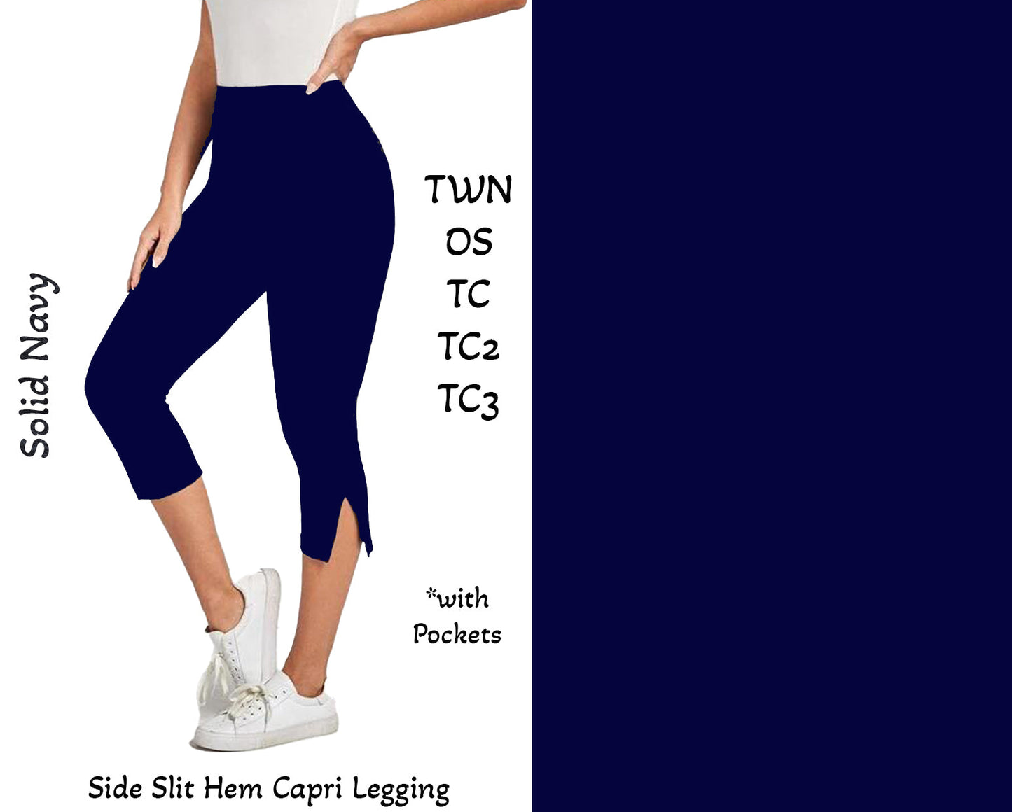 Solid Navy  Side Slit Hem Capri Leggings with Pockets