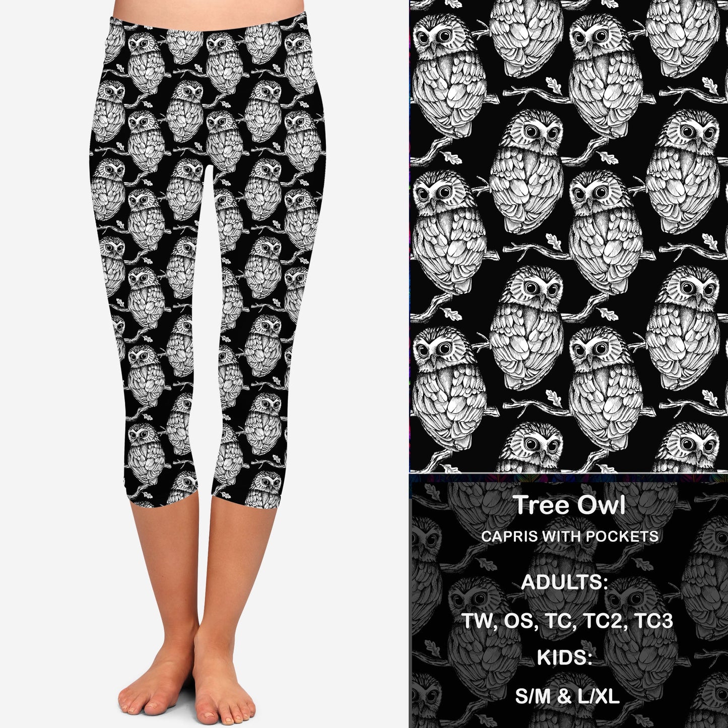 B W Tree Owl Leggings & Capris with Pockets