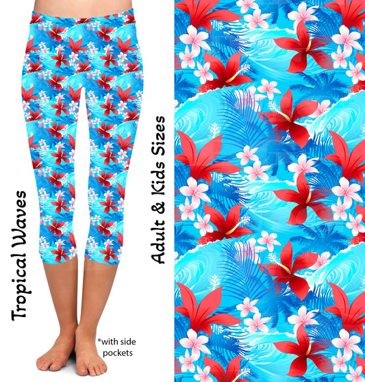 Tropical Waves Capri Leggings with Pockets