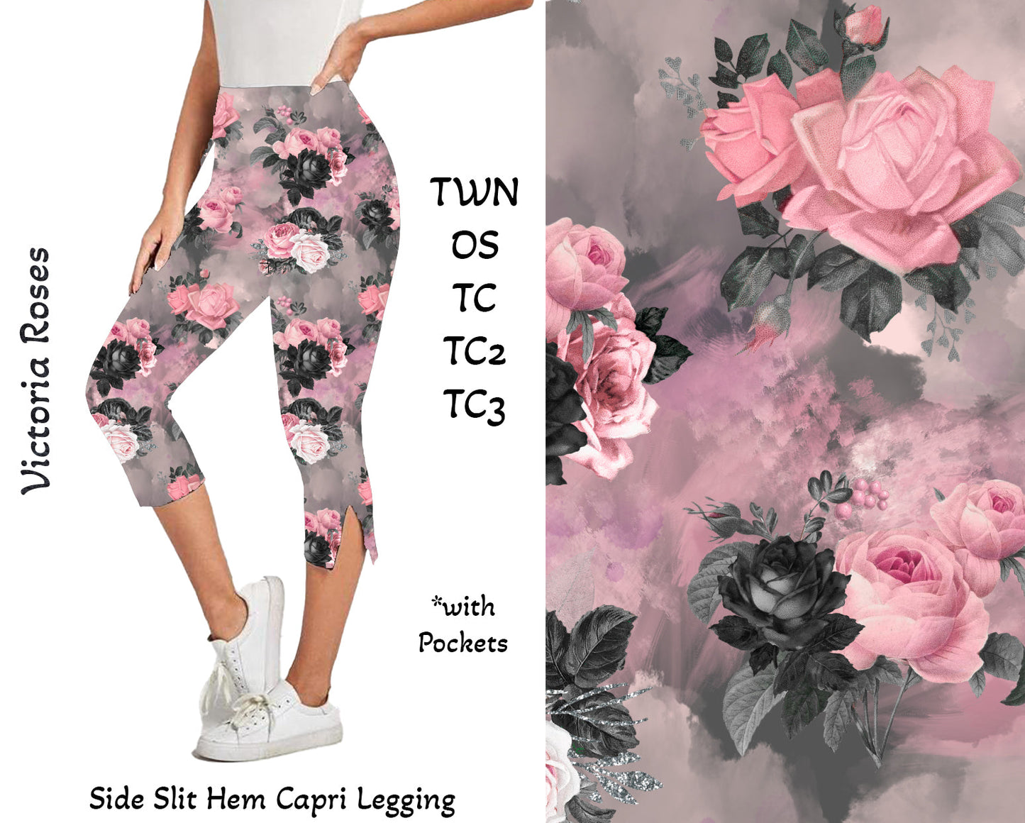 Victoria Roses Side Slit Hem Capri Leggings with Pockets