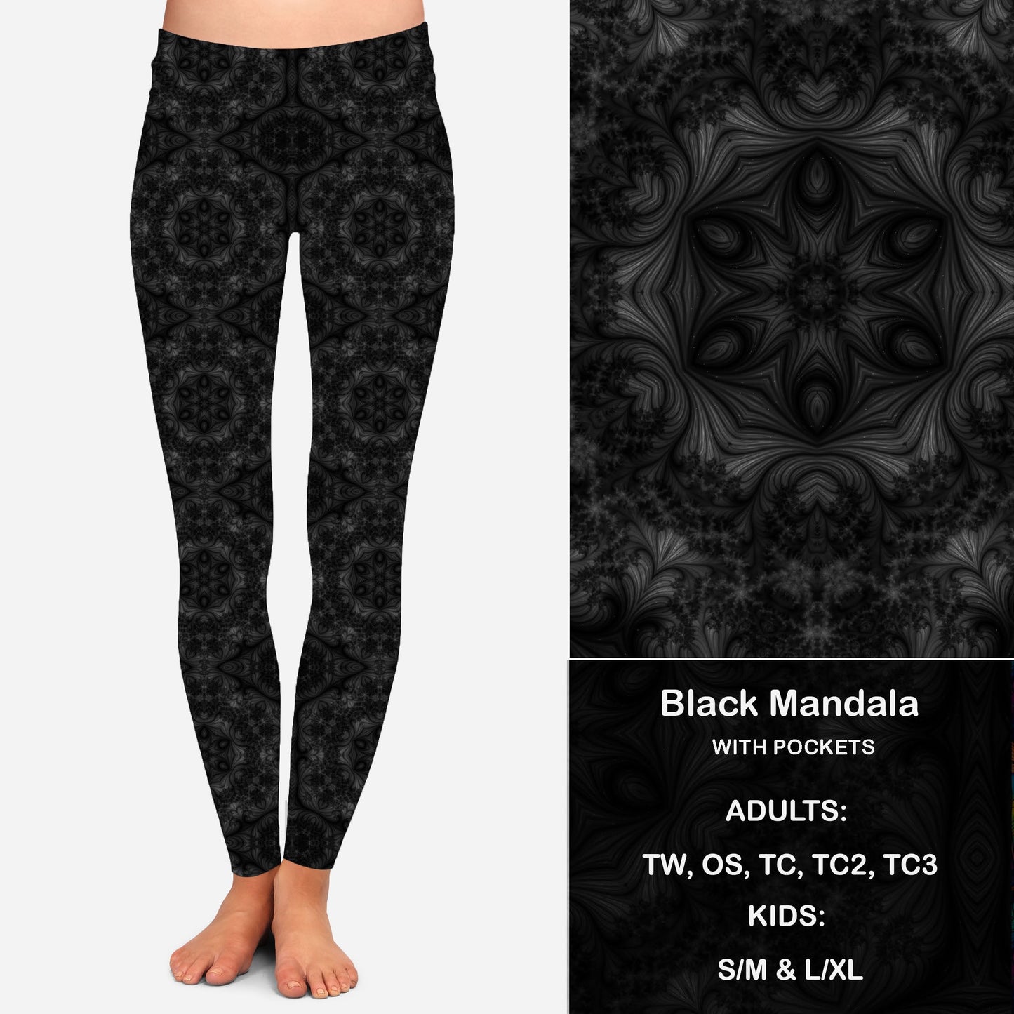 Black Mandala Leggings & Capris with Pockets