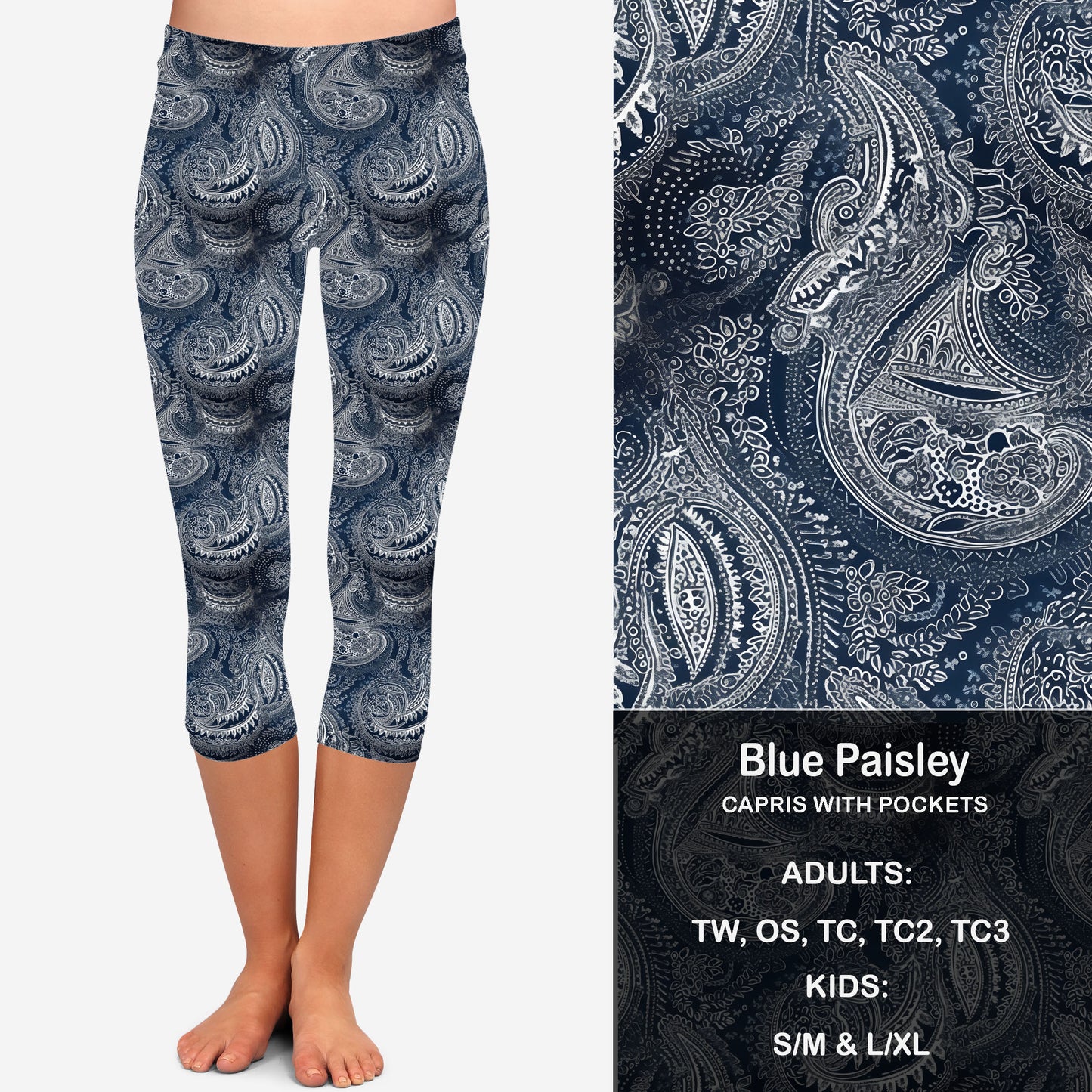 Blue Paisley Leggings & Capris with Pockets