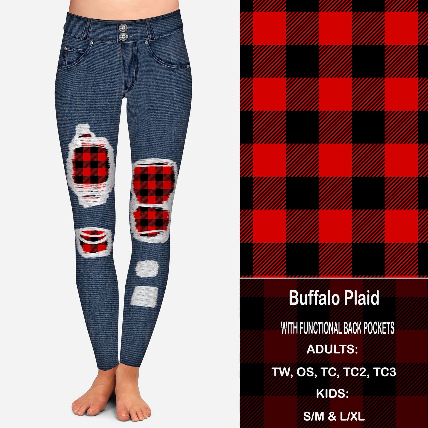 Buffalo Plaid Faux Denim Peekaboo Leggings with Pockets