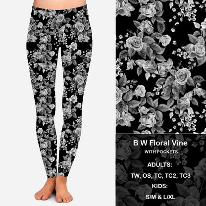 B W Floral Vine Leggings & Capris with Pockets