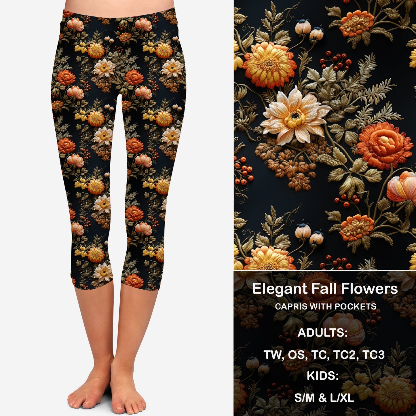 Elegant Fall Flowers Leggings & Capris with Pockets