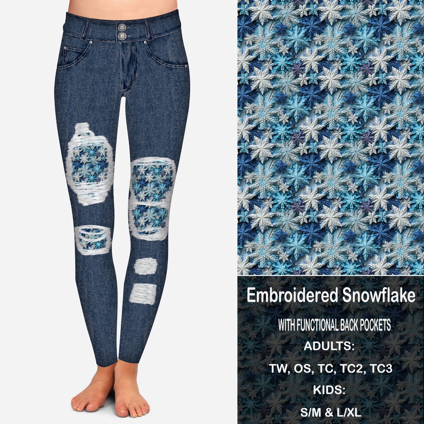 Enchanted Snowflake Faux Denim Peekaboo Leggings with Pockets