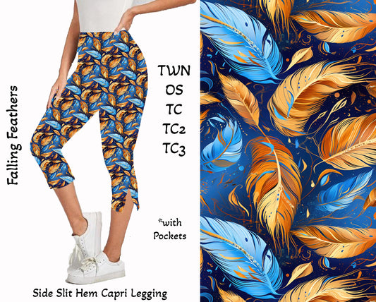FALLING FEATHERS - Side Slit Hem Capri Leggings with Pockets Preorder Closes 6/8