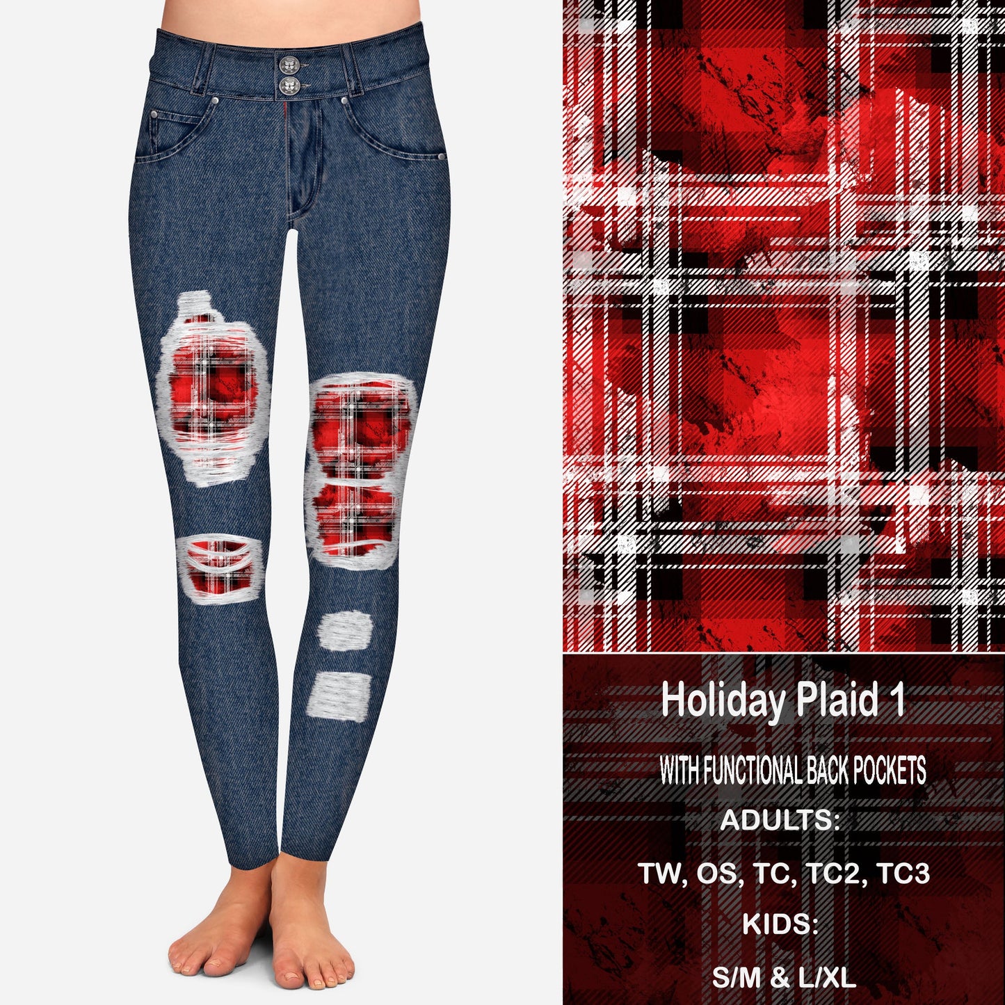 Holiday Plaid 1 Faux Denim Peekaboo Leggings with Pockets