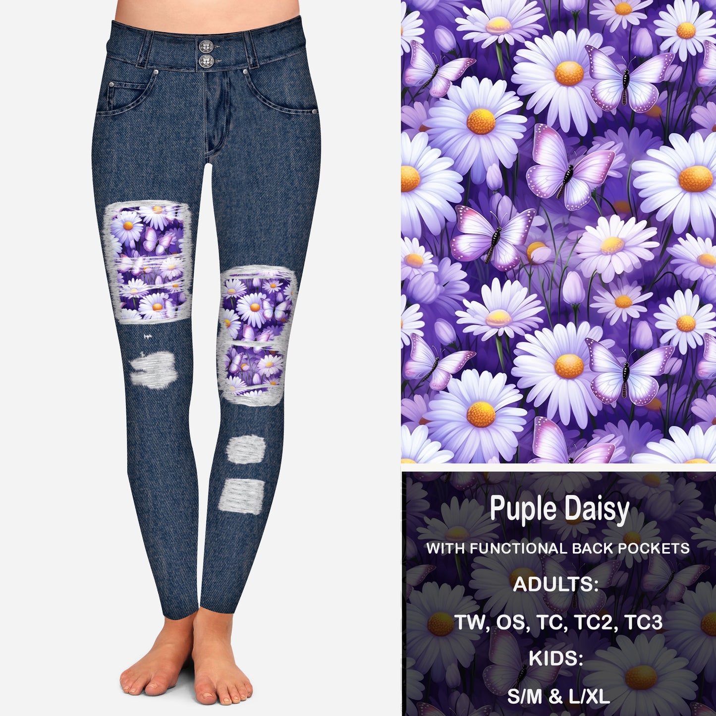 Purple Daisy Peekaboo Leggings with Pockets