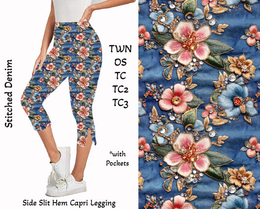 STITCHED DENIM - Side Slit Hem Capri Leggings with Pockets Preorder Closes 6/8