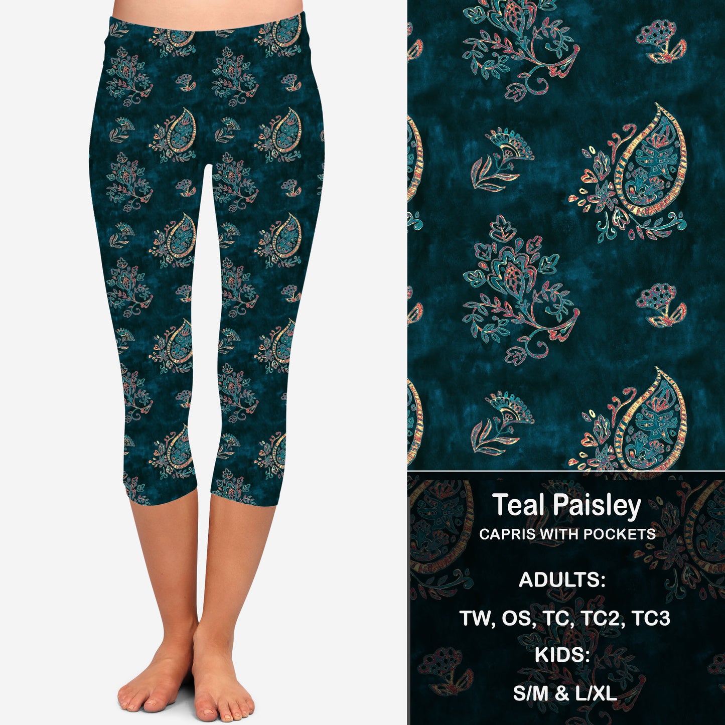 Teal Paisley Leggings & Capris with Pockets