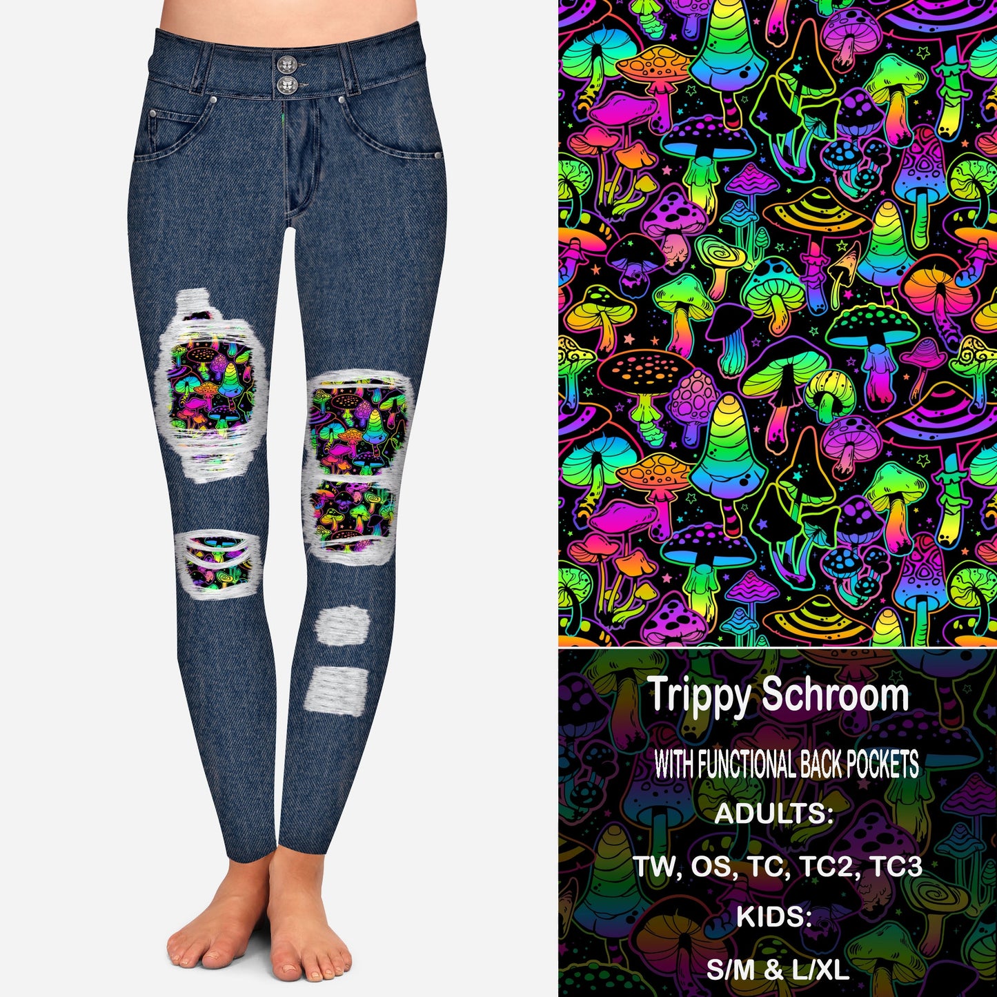 Trippy Schrooms Faux Denim Peekaboo Leggings with Pockets