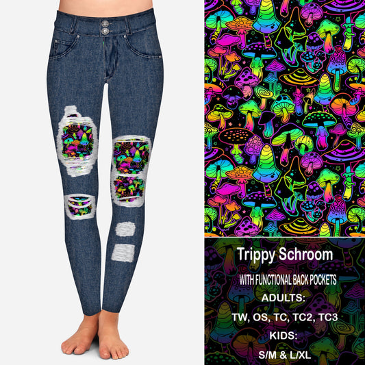 Trippy Schrooms Faux Denim Peekaboo Leggings with Pockets