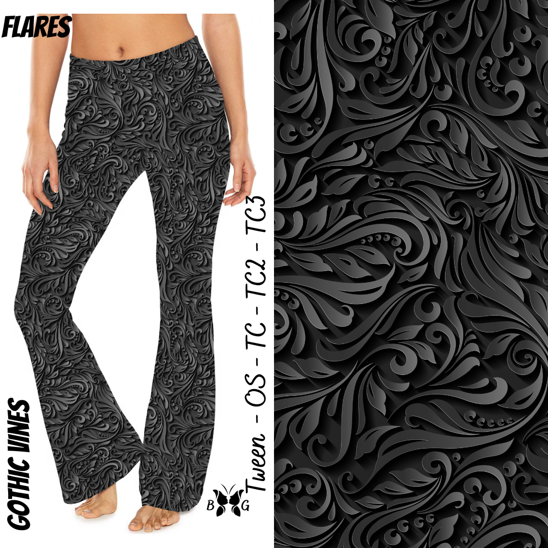 Luxury Black Gothic Vines Yoga Flares with Pockets