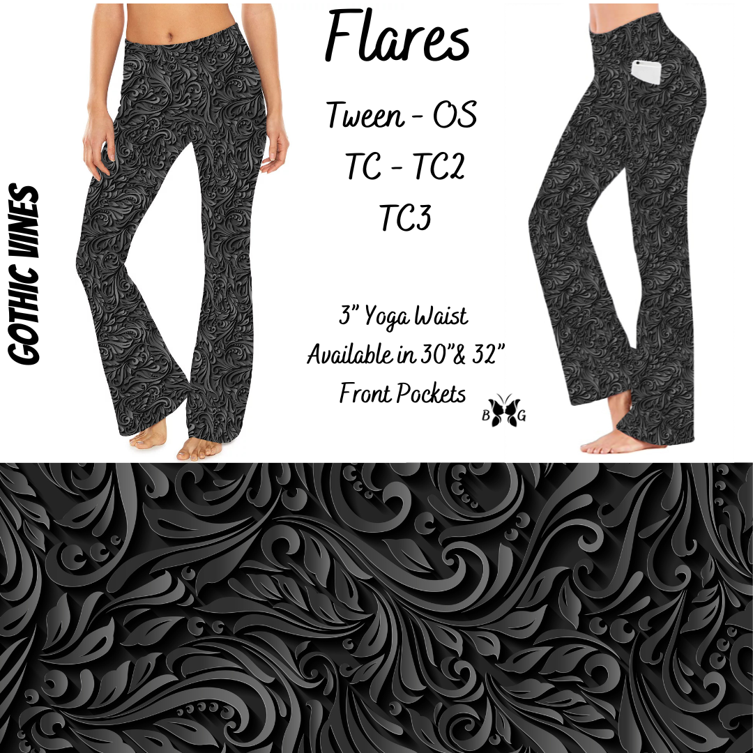 Luxury Black Gothic Vines Yoga Flares with Pockets