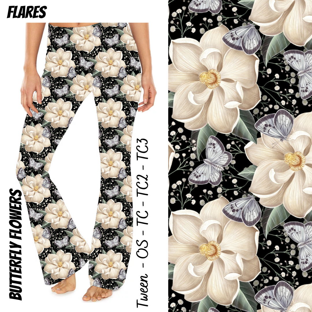 Cream Butterfly & Flower - Yoga Flares with Pockets