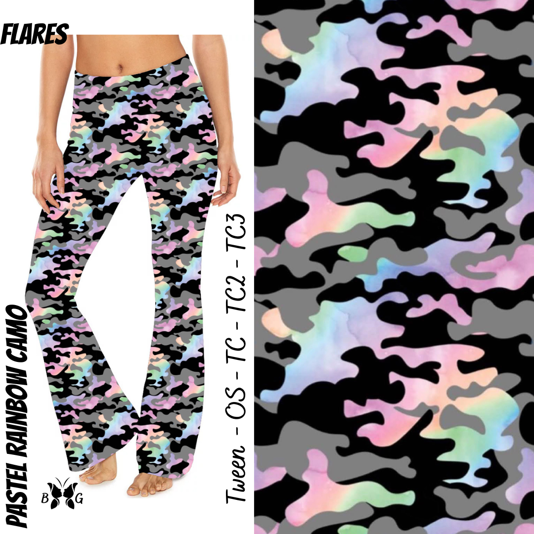 Pastel Rainbow Camo Yoga Flares with Pockets