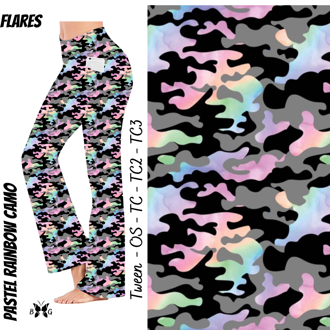 Pastel Rainbow Camo Yoga Flares with Pockets