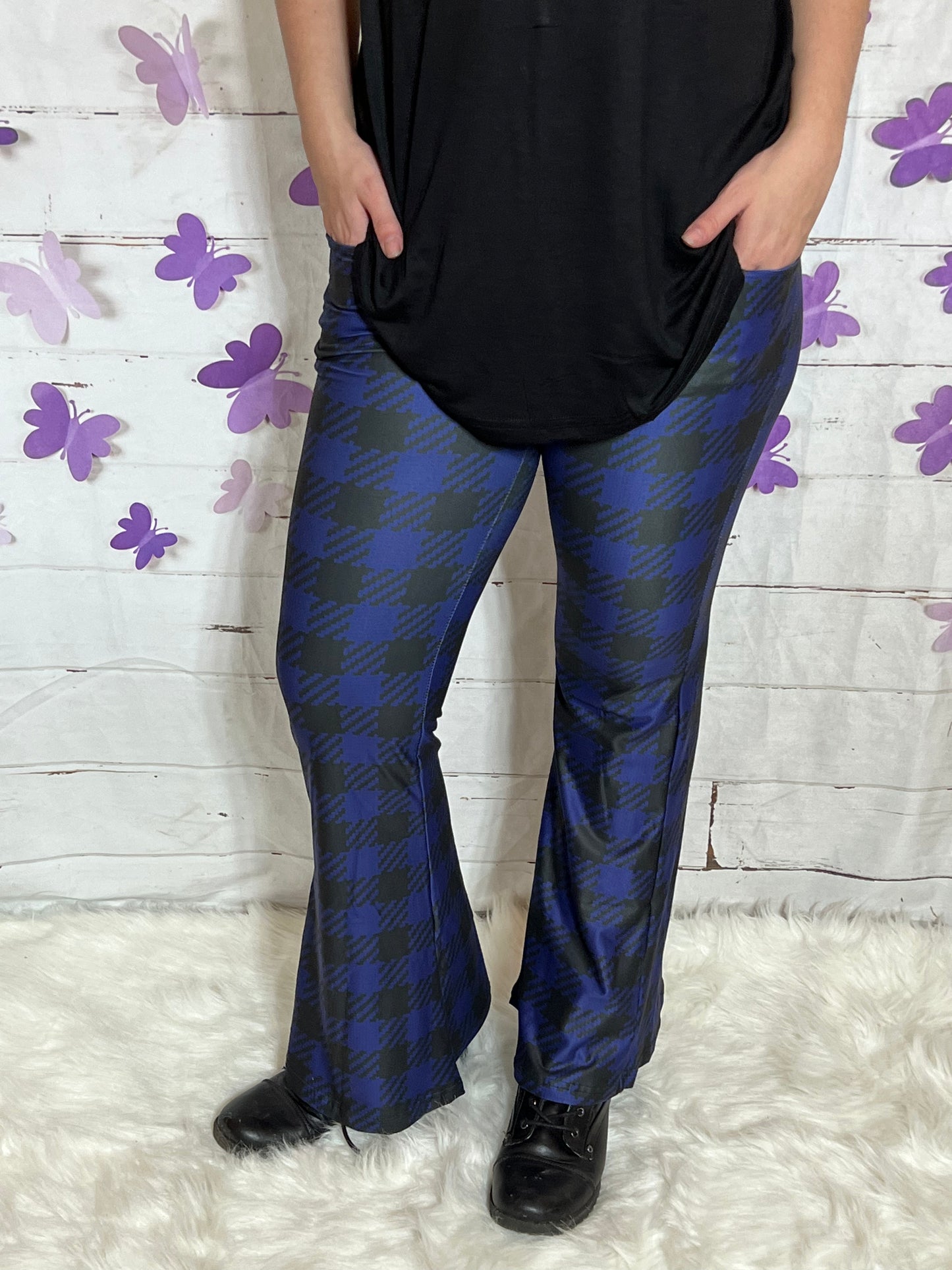 Blue Plaid - Yoga Flares with Pockets