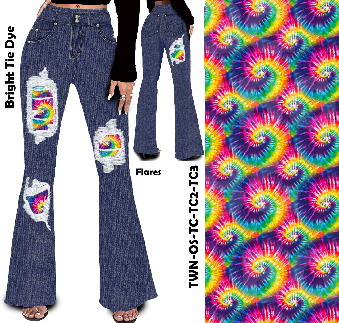 Bright Tie Dye Peek A Boo Faux Denim Yoga Flares with Pockets