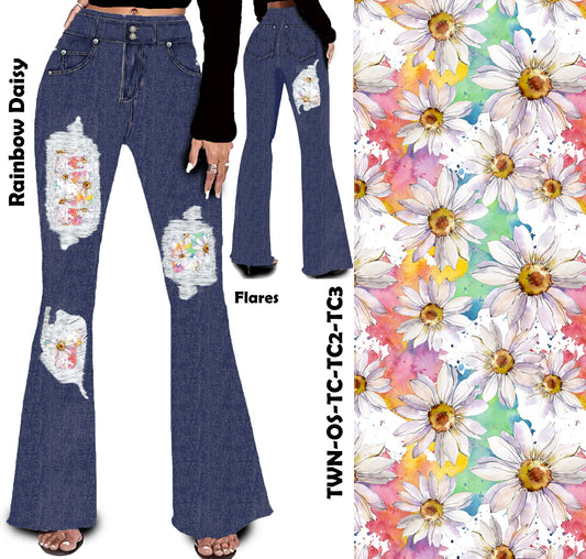 Rainbow Daisy Peek A Boo Faux Denim Yoga Flares with Pockets